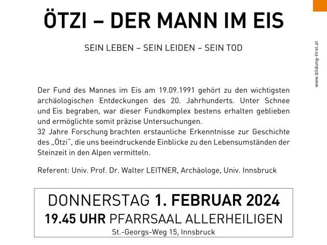 Do 01.02. 2024, 19:45 Uhr, Pfarrsaal Allerheiligen | KBW- ÖTZI-Der Mann im Eis