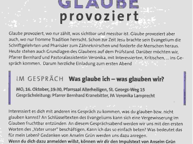 MO, 16.10. 19:30 Glaube provoziert - Pfarrsaal Allerheiligen